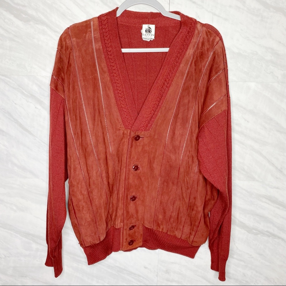 LANVIN VTG Suede Leather Cashmere Cardigan Sweater Medium